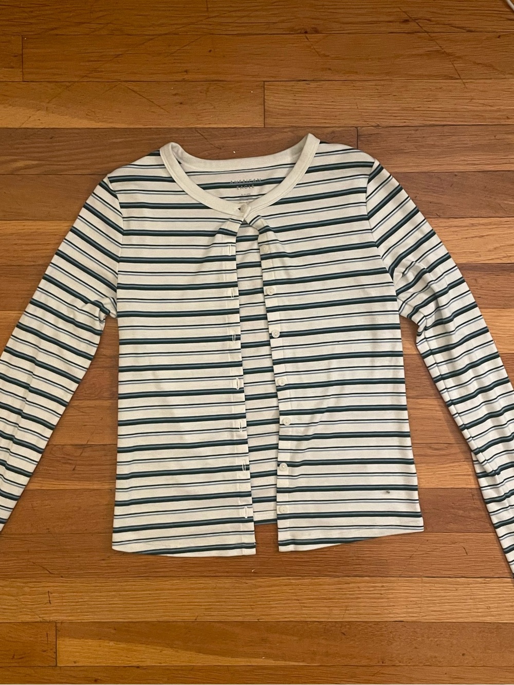 American Eagle Outfitters Striped Long-Sleeve Cardigan in Cream and Green